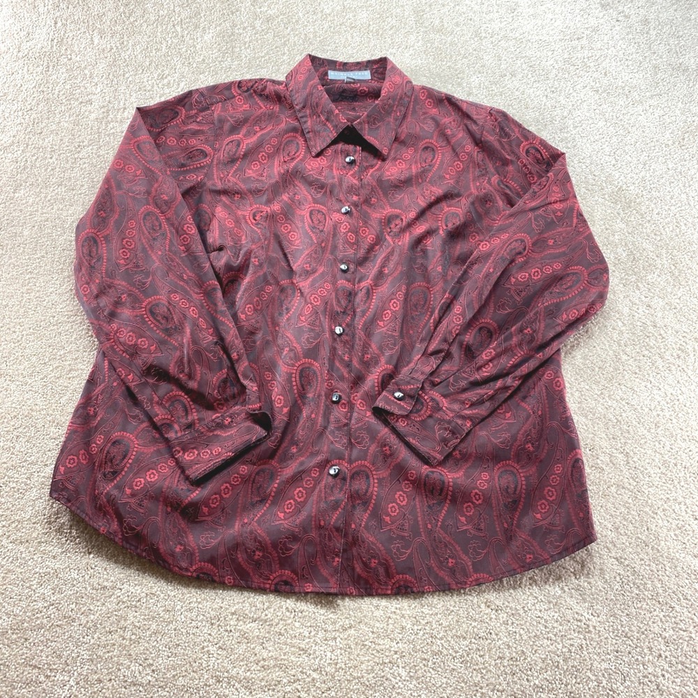 Foxcroft Button Down Womens 14W Burgundy Paisley Wrinkle Free Shaped Fit
